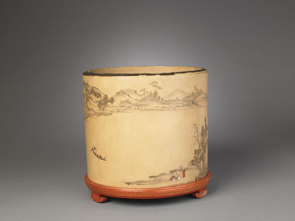 宜兴窑紫砂描金堆绘山水人物纹大笔筒